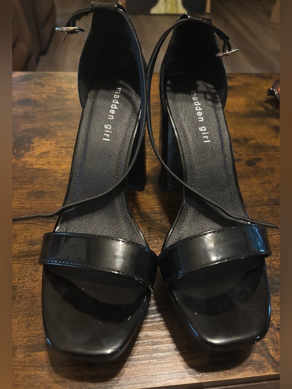 Madden Girl Black Patent Ankle-Strap Block Heels Deidra